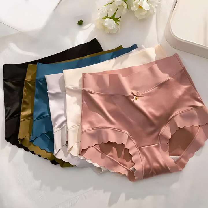 Women's 5-pack seamless silk satin briefs. Soft, breathable, antibacterial lingerie for everyday comfort.