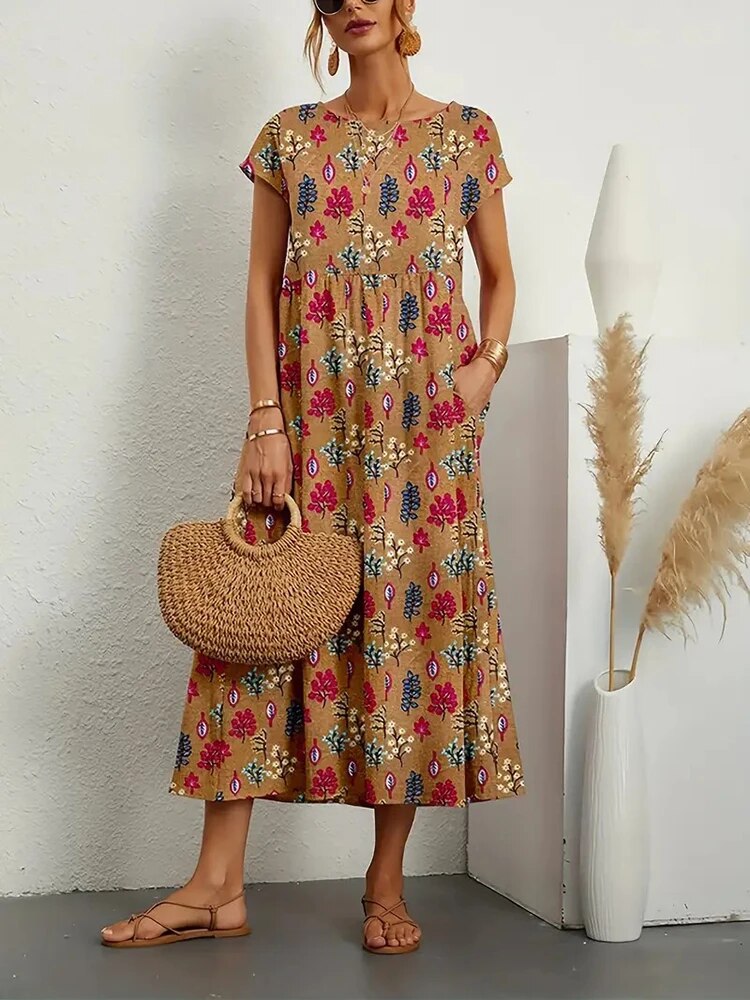 Women's A-line floral print summer midi dress, round neck, lightweight and comfortable.