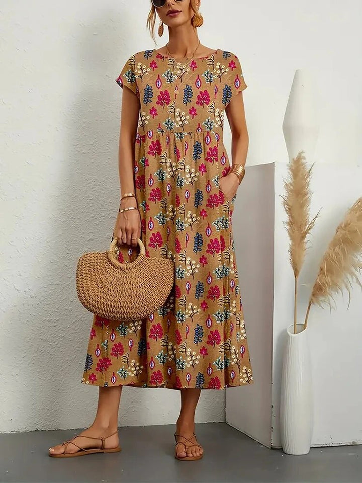 Women's A-line floral print summer midi dress, round neck, lightweight and comfortable.