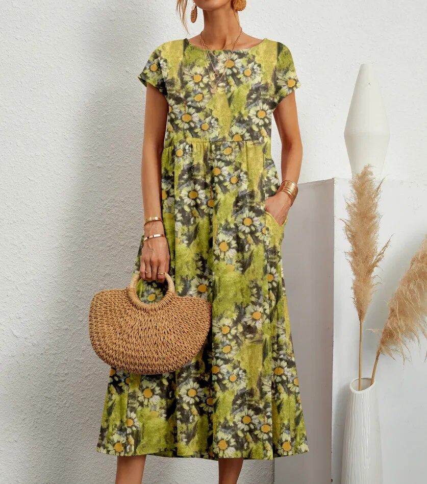 Lightweight A-line floral dress, perfect for warm weather spring and summer days.