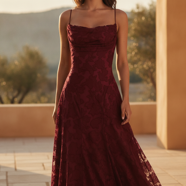 Women's A-line maxi dress with ruched bodice & delicate spaghetti straps for an elegant look.