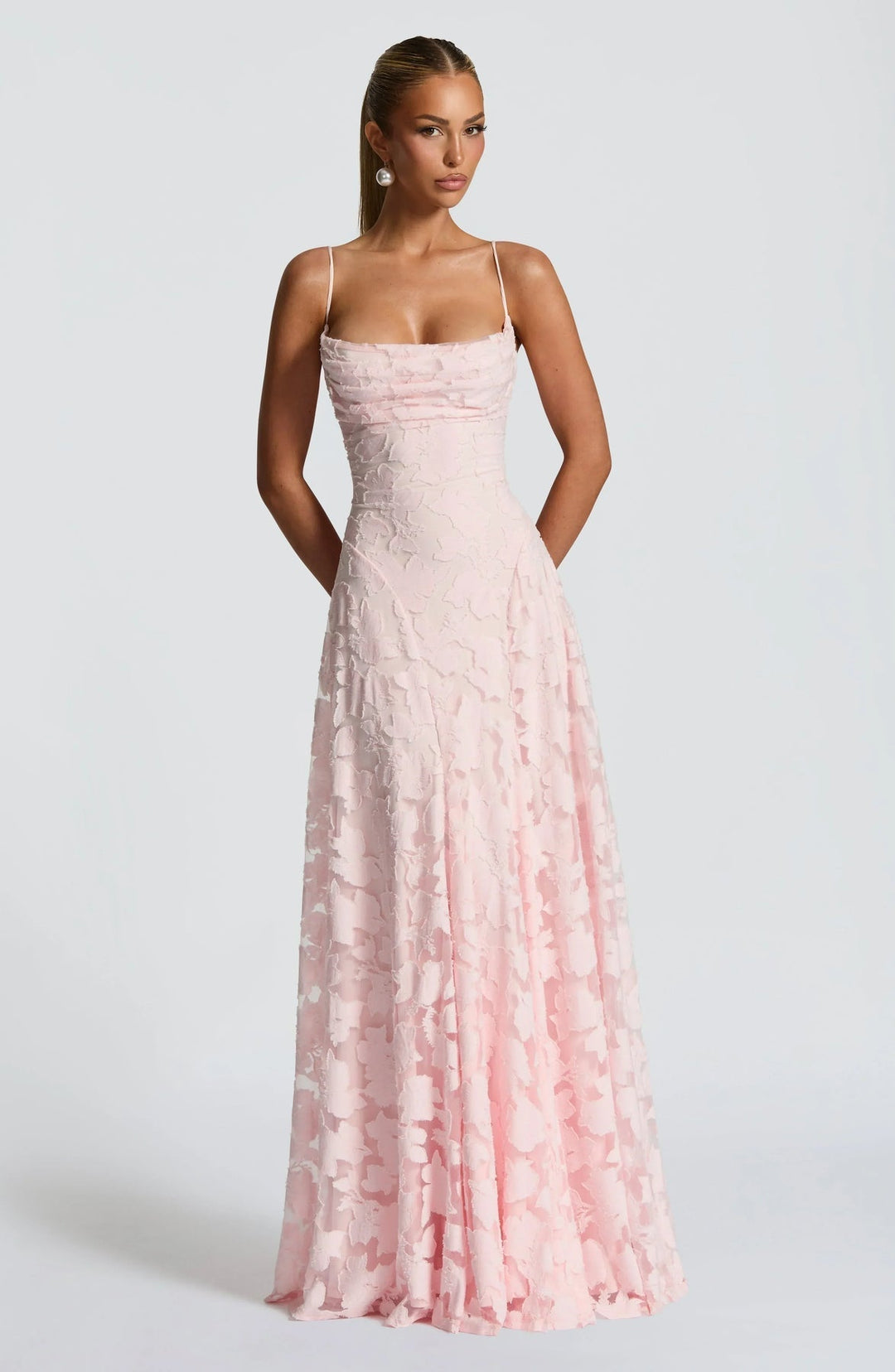 Simple yet elegant A-line maxi dress for women, featuring a ruched bust & delicate spaghetti straps.