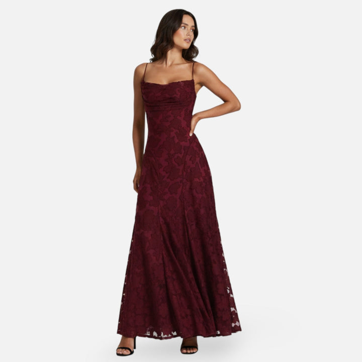 Elegant ruched spaghetti strap A-line maxi dress, perfect for weddings, evening events & special occasions.