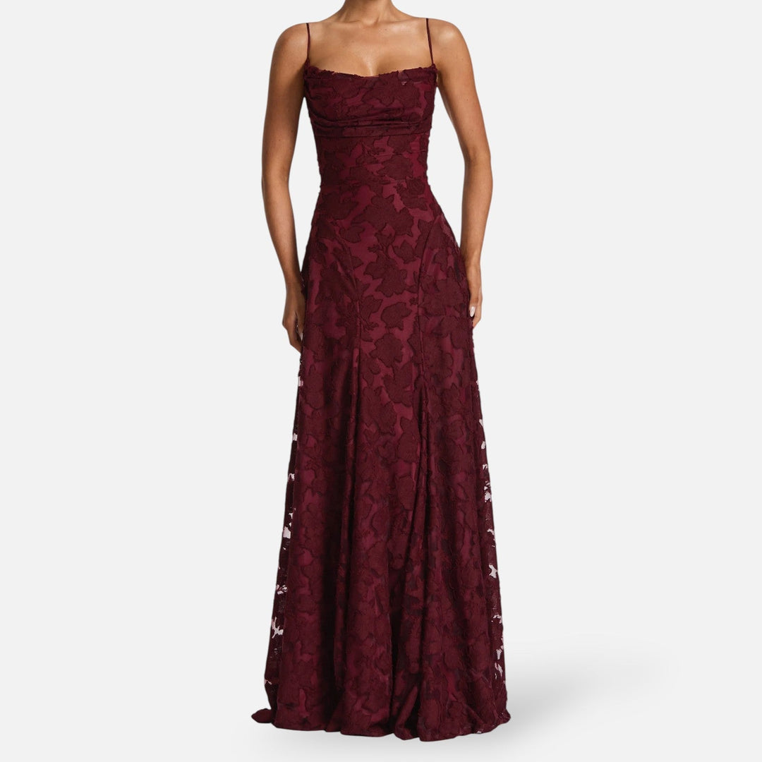 Beautiful wedding guest maxi dress. Ruched bodice, spaghetti straps & A-line skirt for graceful style.