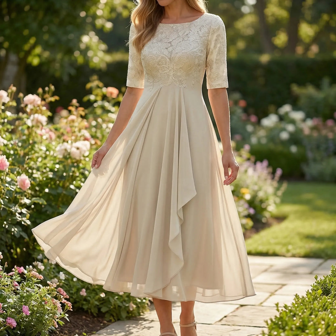 Women's A-line midi dress with elegant embroidered bodice, perfect for summer fashion & garden parties.