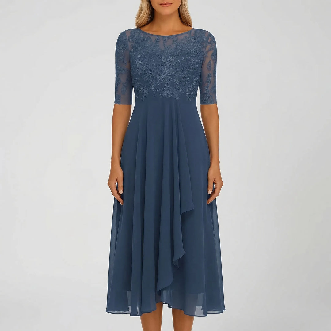 Stylish women's day dress: A-line midi with elegant embroidered bodice and beautiful floral details for summer.