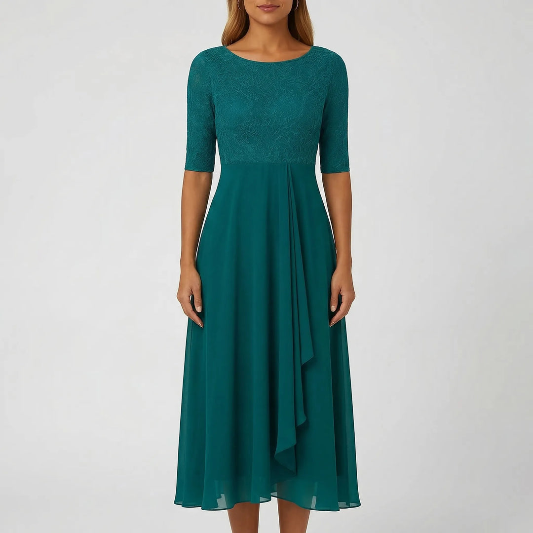 Beautiful A-line midi dress for women, featuring a detailed embroidered bodice and graceful summer silhouette.
