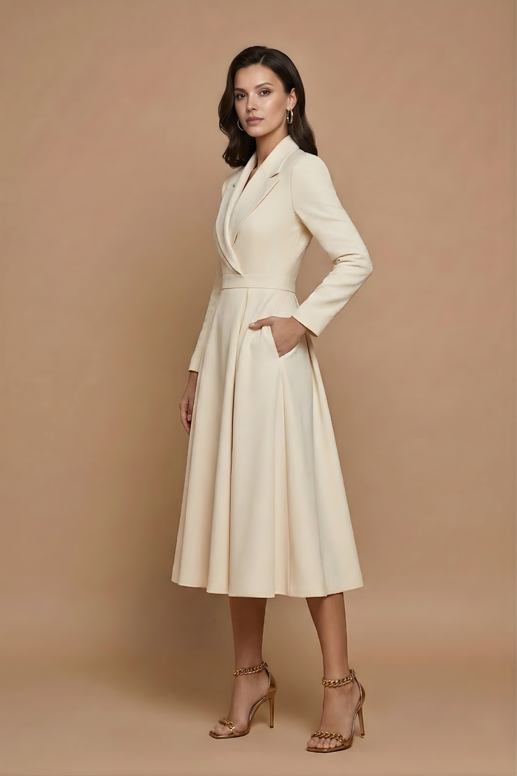 Elegant women's A-line midi dress featuring a notched lapel & pleated skirt. Perfect for workwear or cocktails.