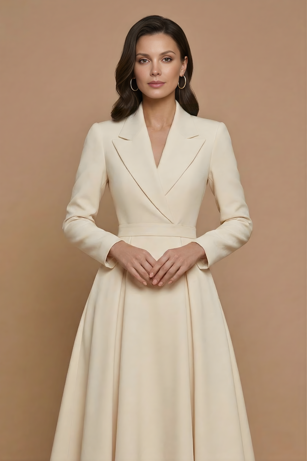 Classic women's notched lapel A-line midi dress. Versatile long sleeve style suitable for spring & fall.