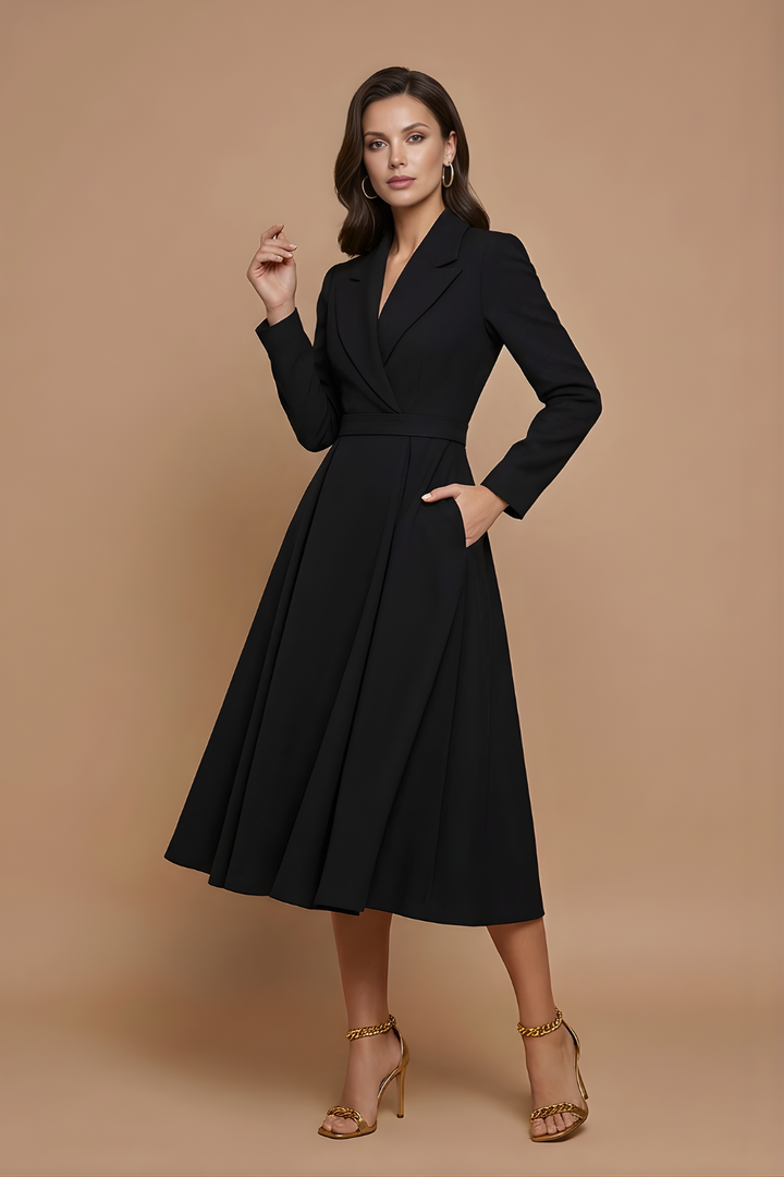 Stylish women's midi dress. A-line silhouette, notched lapel, long sleeves & pleated skirt for classic style.