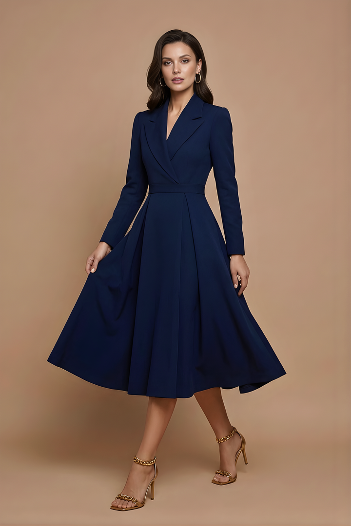 Effortless women's elegant A-line midi dress. Notched lapel, long sleeves, & pleated skirt for a classic look.