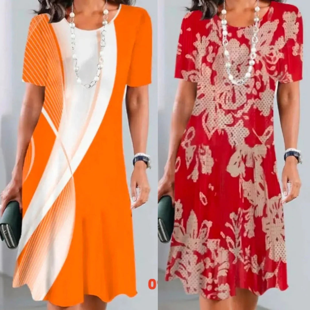 Flattering A-line silhouette print midi dress for women, short sleeve, round neck, perfect summer fashion choice.