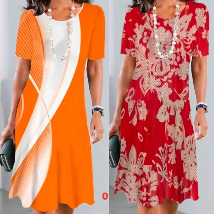 Flattering A-line silhouette print midi dress for women, short sleeve, round neck, perfect summer fashion choice.