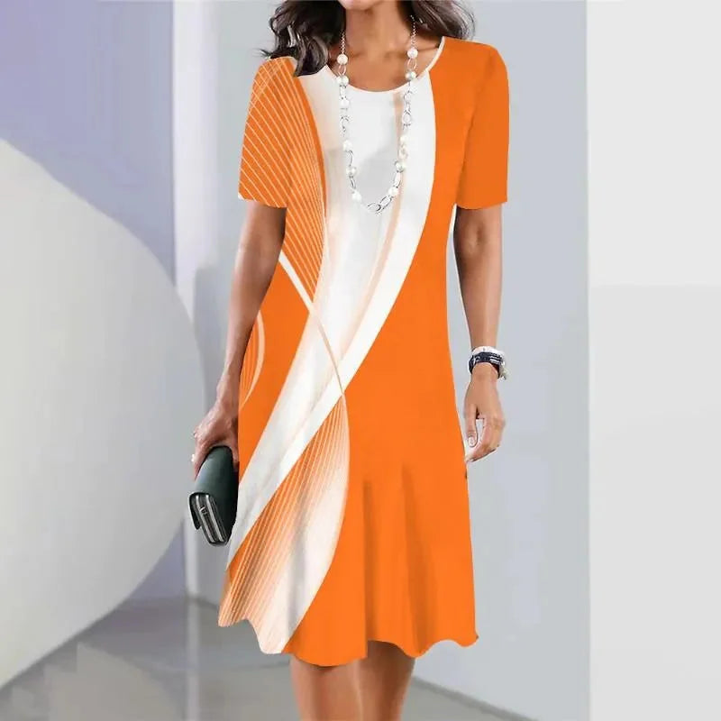 Vibrant floral print A-line midi dress for women, short sleeve, round neck, perfect casual summer fashion.