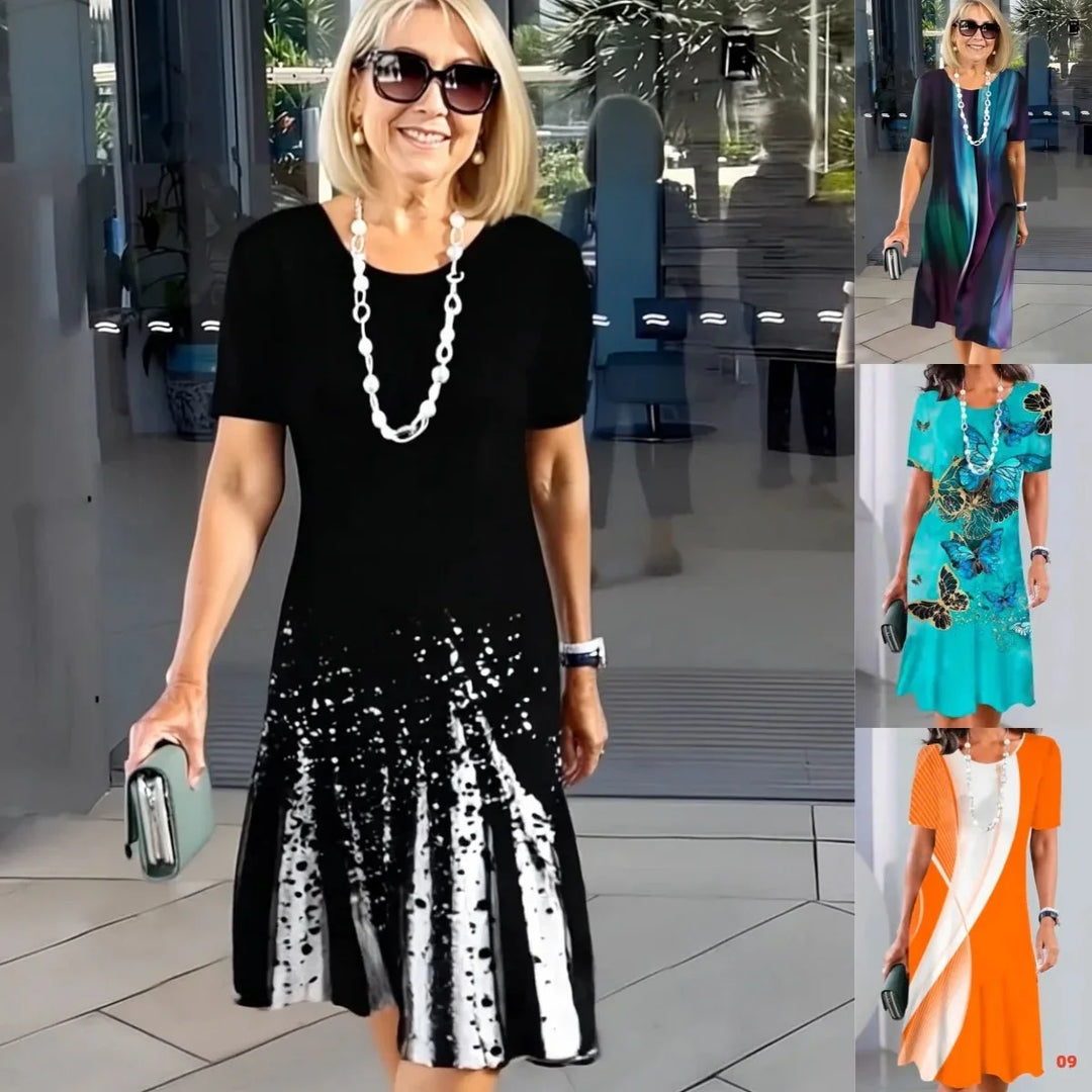 Elegant floral print A-line midi dress for women, short sleeve, round neck, ideal for flattering daytime outfits.