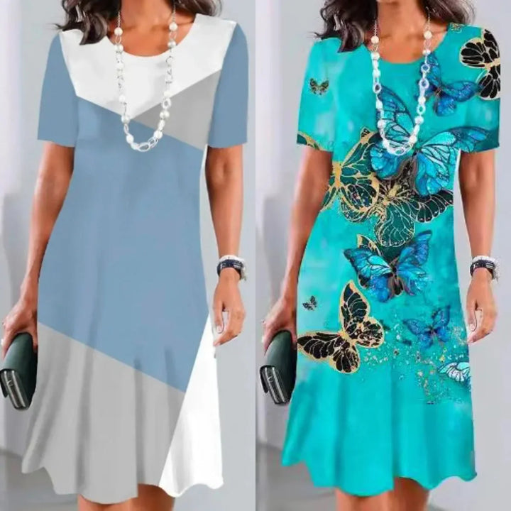Versatile women's print A-line midi dress, short sleeve, round neck, great for casual or stylish daytime fashion.
