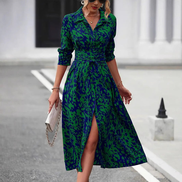 Modest button-front A-line midi dress for women, designed with a flattering waist tie for comfortable wear.