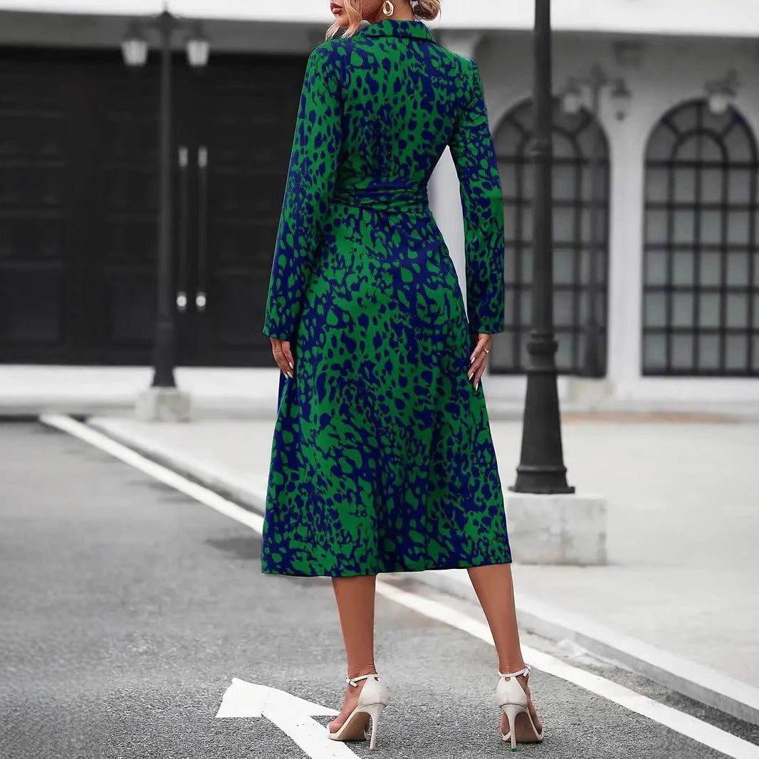 Stylish women's A-line midi dress, featuring a chic waist tie & button front, suitable for elegant casual looks.