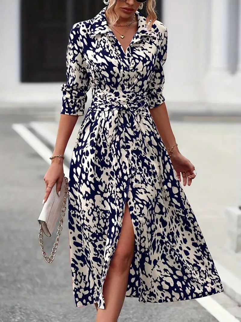 Women's elegant A-line midi dress with waist tie & button front; a versatile wardrobe essential for any occasion.