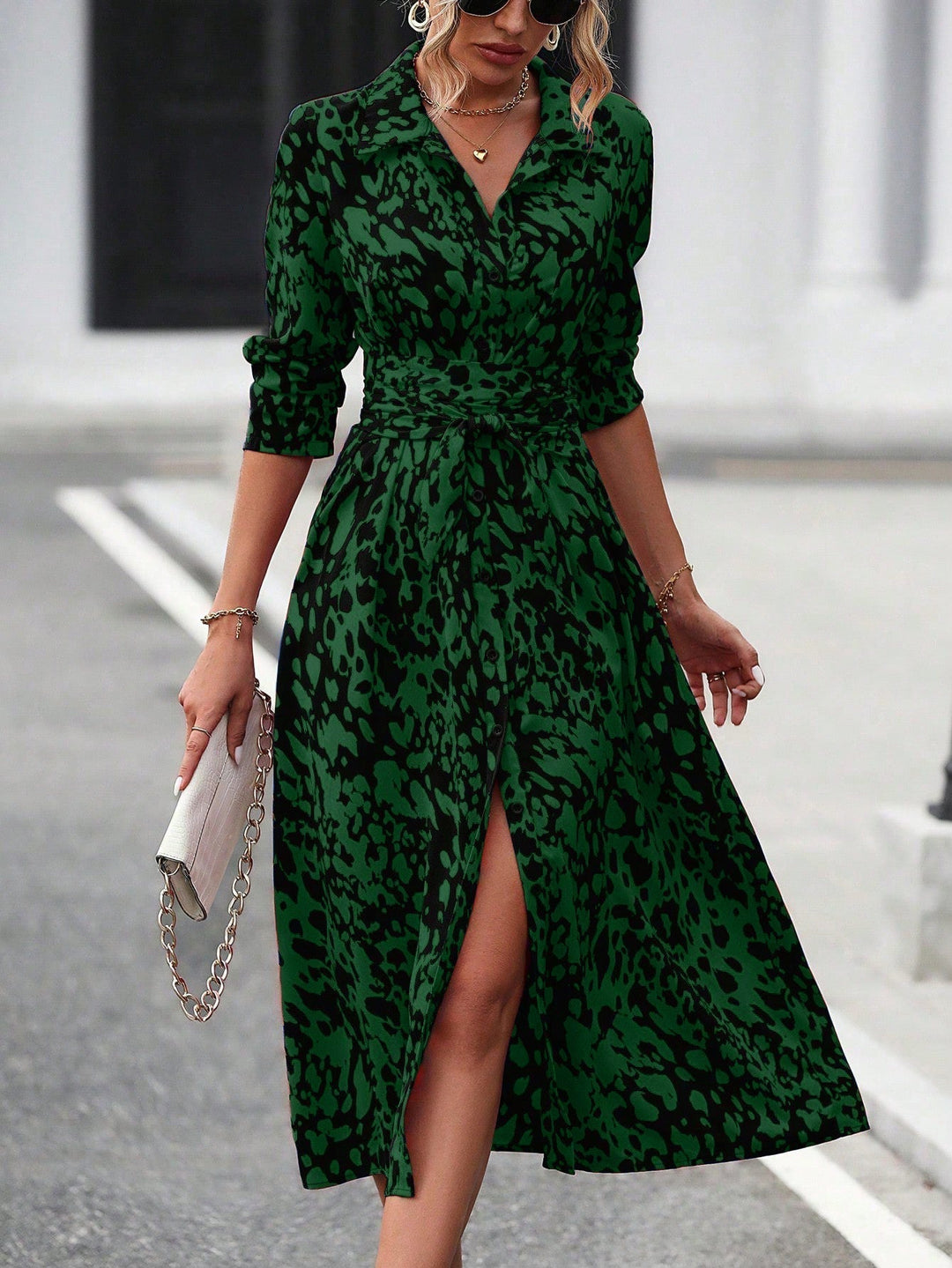 Classic women's A-line midi dress with a stylish waist tie & button front, perfect for summer casual fashion.