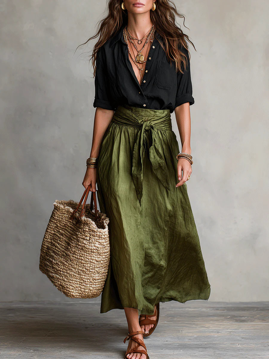 Women's A-Line midi skirt set with matching button shirt & belt. Elegant two-piece for spring/summer casual wear.