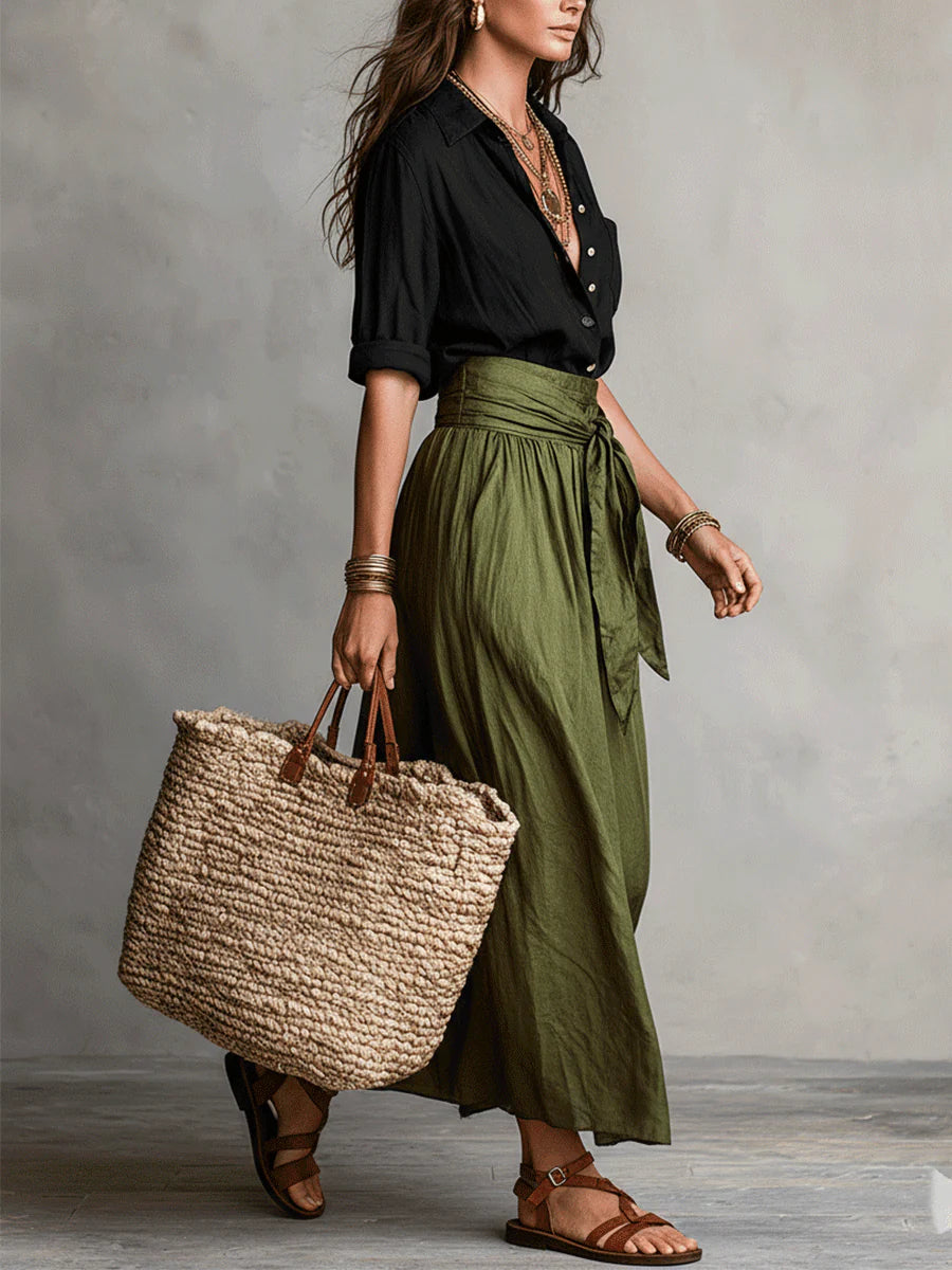 Stylish women's A-Line midi skirt with a flattering belt, perfect for versatile everyday casual and elegant outfits.
