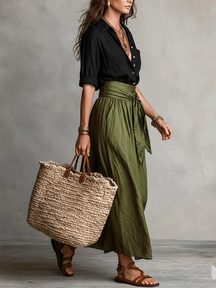 Stylish women's A-Line midi skirt with a flattering belt, perfect for versatile everyday casual and elegant outfits.