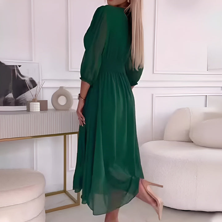 Chic women's A-Line wrap midi dress with 3/4 sleeves, V-neck. Perfect fall/summer fashion & versatile event wear.