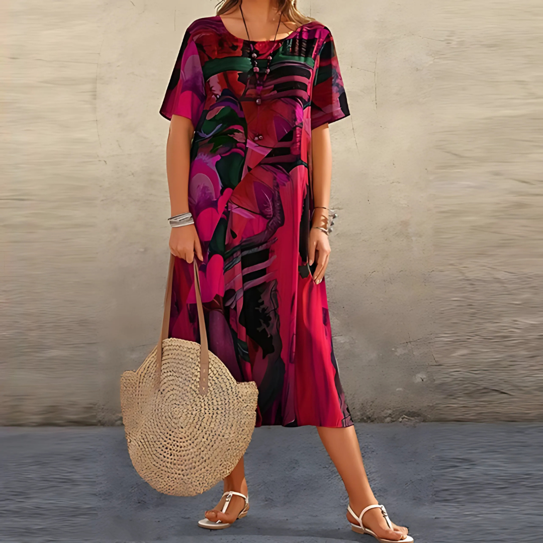 Casual abstract print flowy midi dress for women, available in plus size, with round neck & short sleeves.