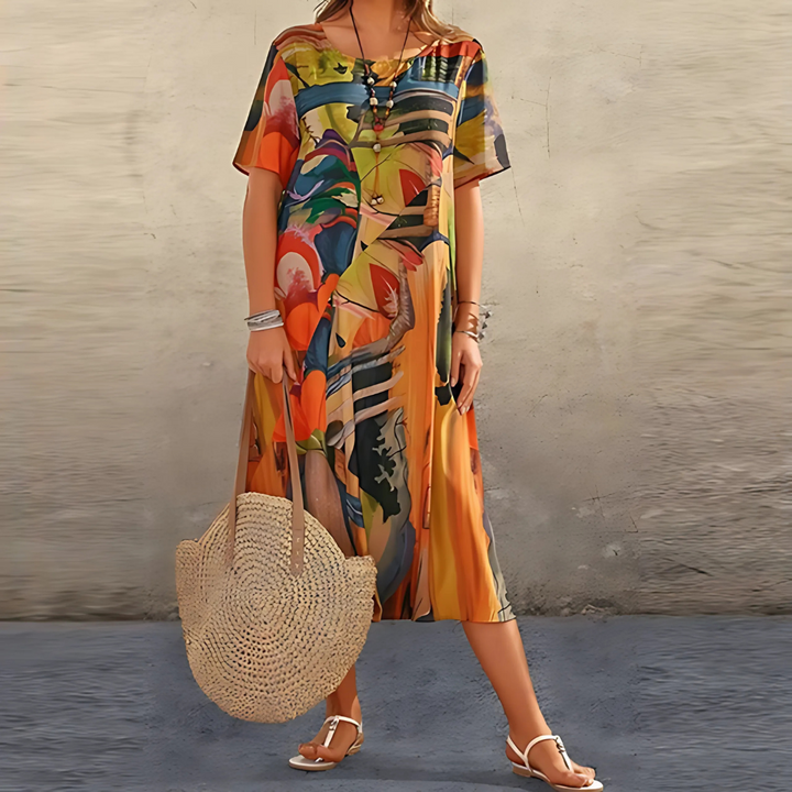 Stylish women's abstract flowy midi dress, a comfortable & elegant statement piece for summer or casual wear.