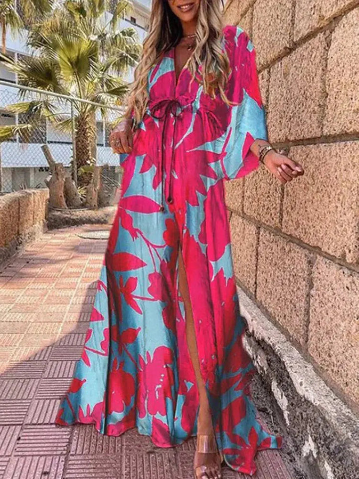 Elegant women's abstract print maxi dress featuring a V-neck, flowy silhouette, and stylish kimono sleeves with tie waist.