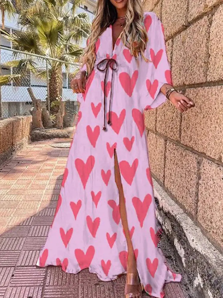 Comfortable V-neck maxi dress for women, abstract print, flowy & long, ideal as a summer or resort dress with tie waist.