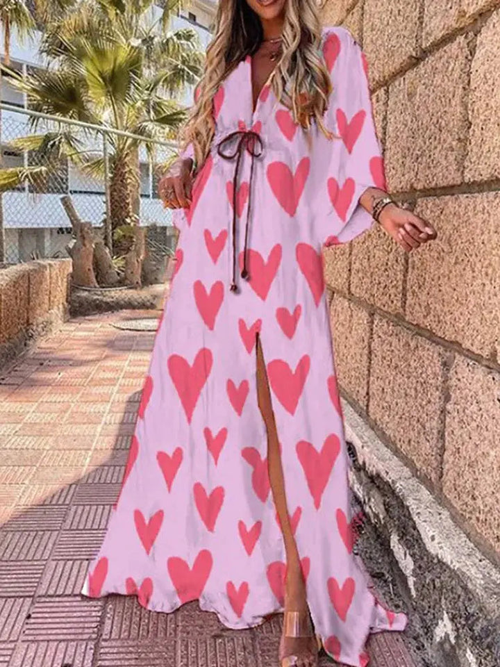 Comfortable V-neck maxi dress for women, abstract print, flowy & long, ideal as a summer or resort dress with tie waist.