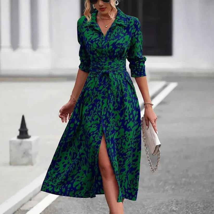 Versatile women's midi shirt dress featuring a unique abstract print & 3/4 sleeves. Ideal for day or evening wear.