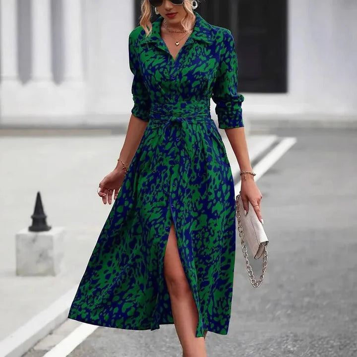 Versatile women's midi shirt dress featuring a unique abstract print & 3/4 sleeves. Ideal for day or evening wear.