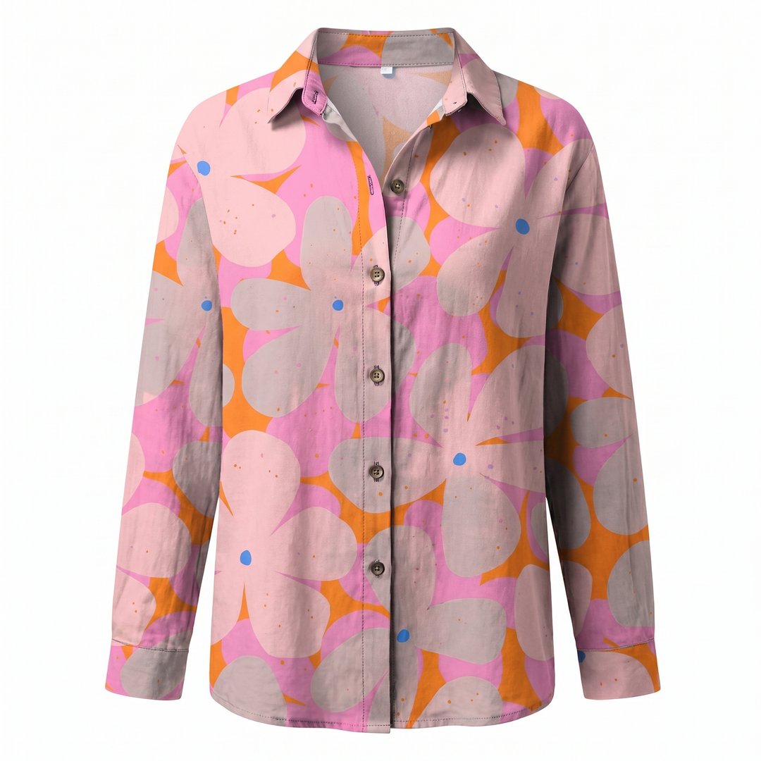 Versatile women's blouse, a long sleeve abstract print top with a chic split neck.