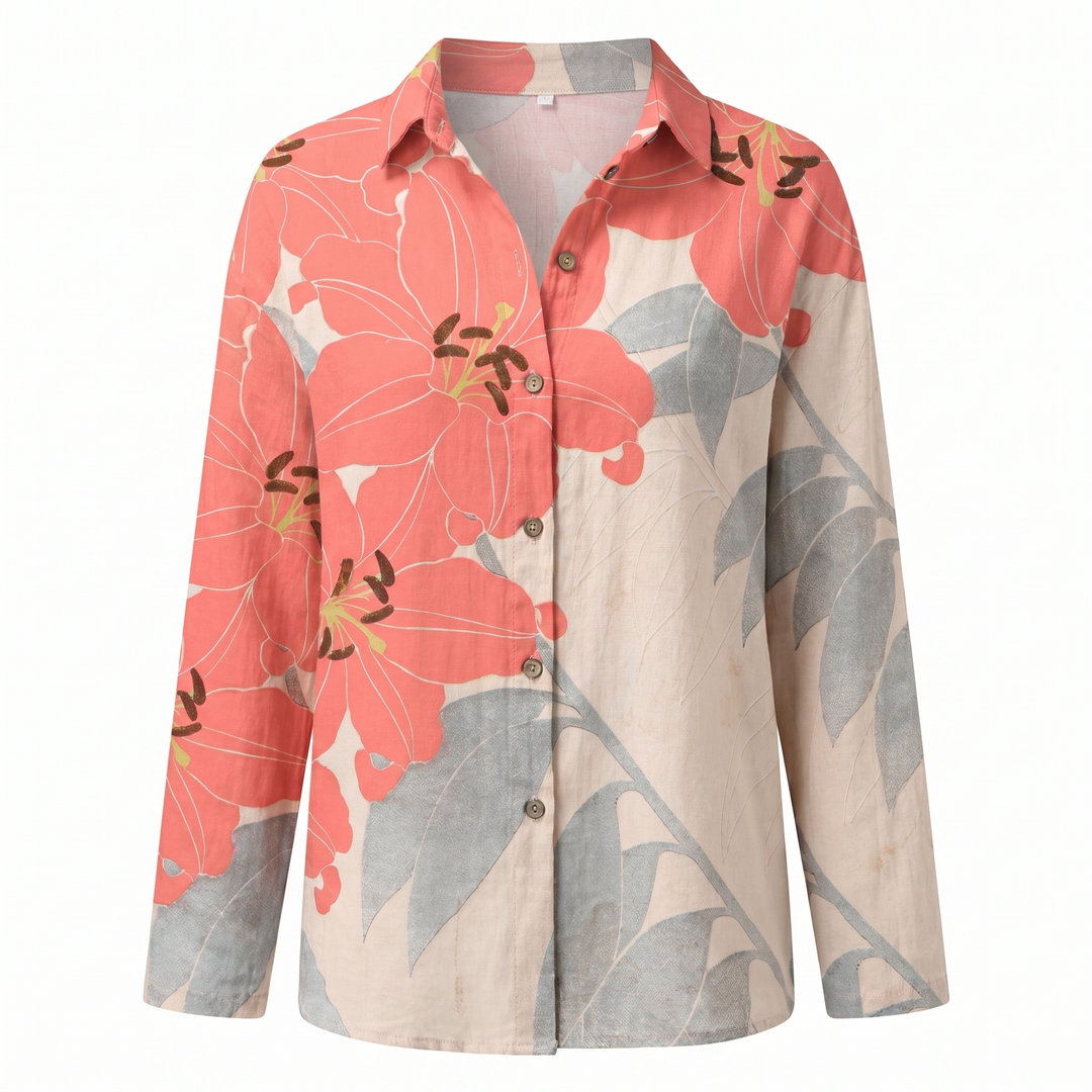 Women's casual long sleeve blouse featuring an eye-catching abstract print and split neck.