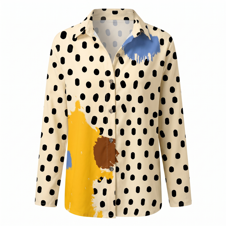 Stylish women's blouse with abstract print and split neck, perfect for versatile fashion.