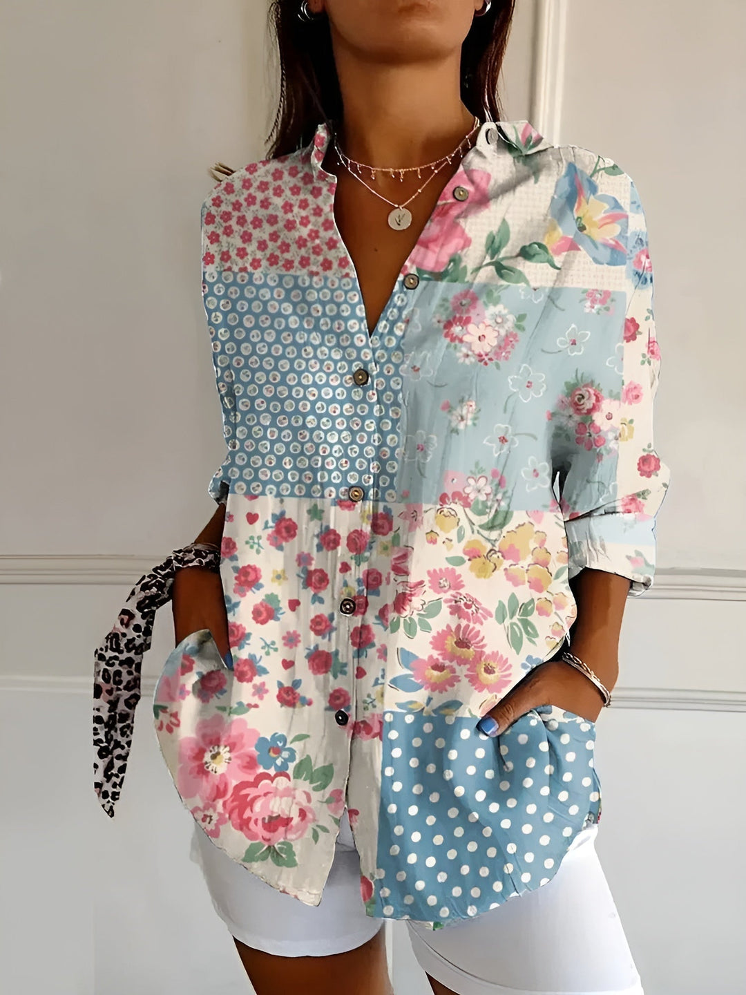 Printed shirt for women: Long sleeve abstract print blouse with an elegant split neck.