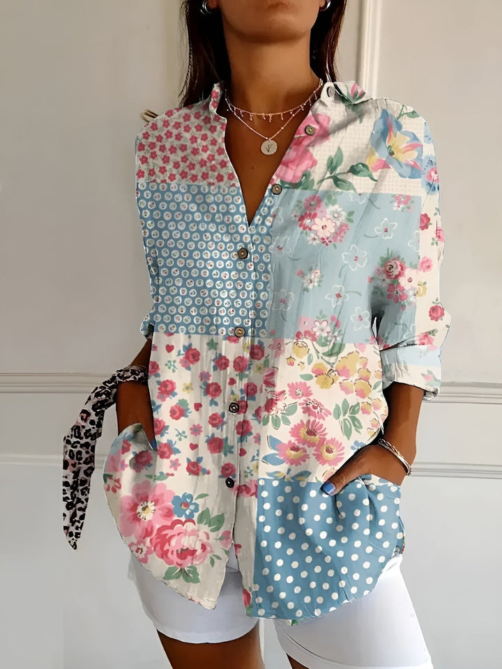 Printed shirt for women: Long sleeve abstract print blouse with an elegant split neck.