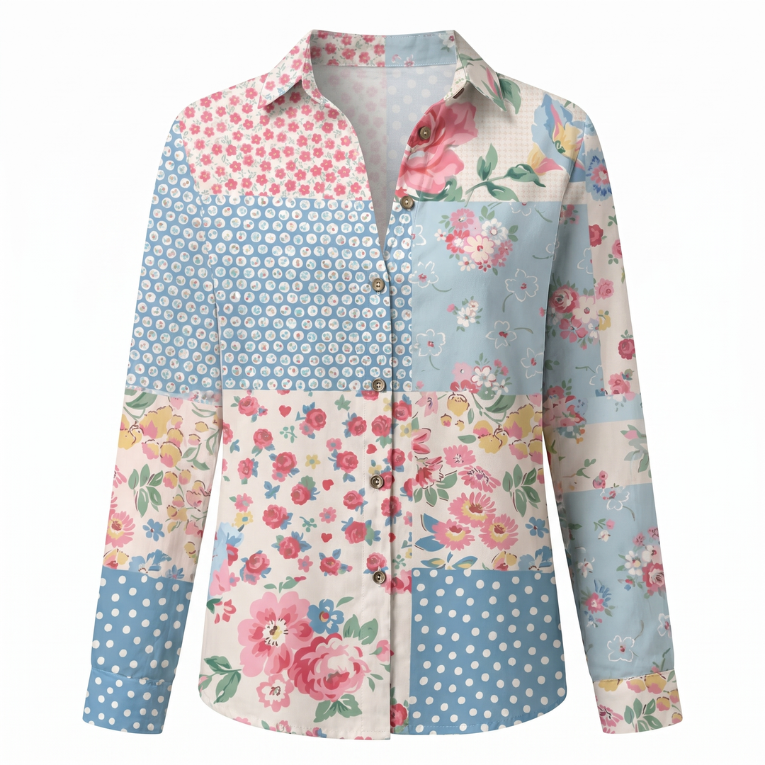 Summer blouse for women, an abstract print casual top with a comfortable split neck.