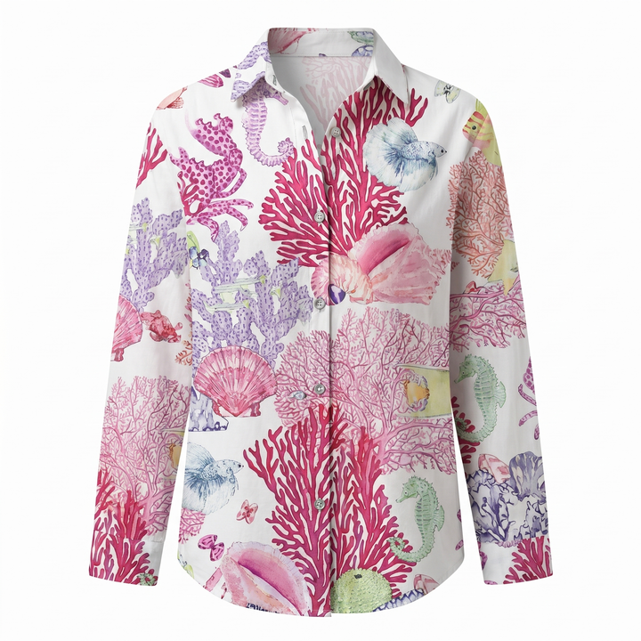 Women's long sleeve abstract print blouse, a versatile split neck top for any occasion.