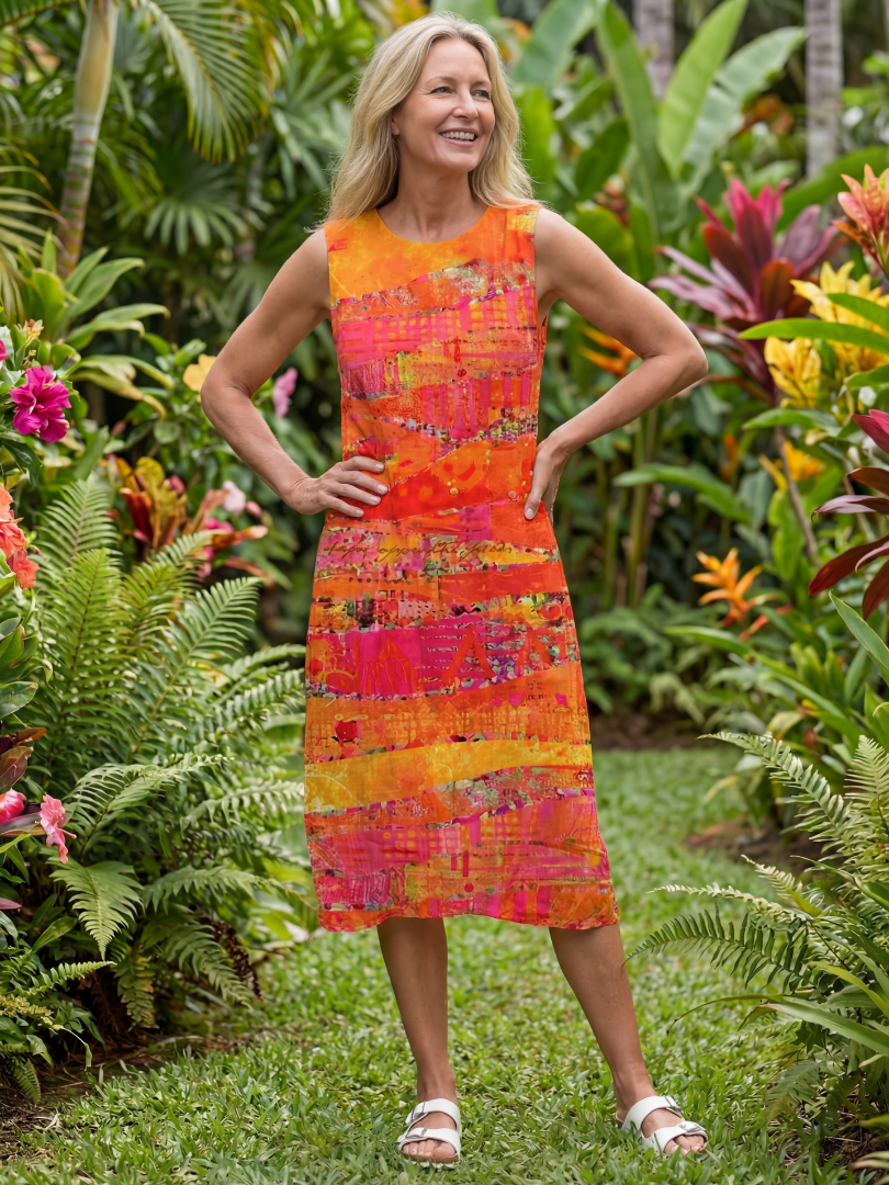Women's abstract sleeveless midi dress with a colorful painted path pattern, perfect for summer casual wear.