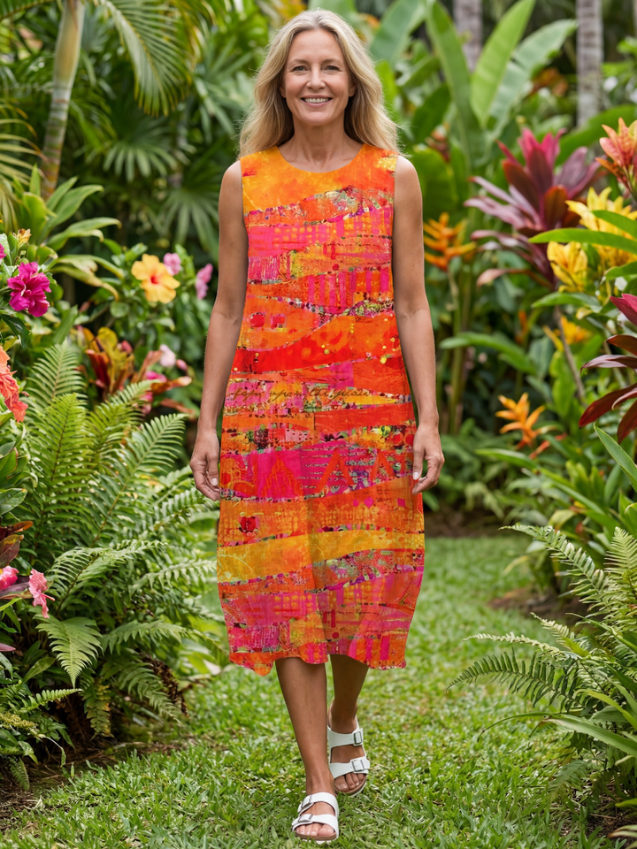 Flowy women's sleeveless midi dress featuring a unique abstract painted path design, ideal for relaxed summer days.