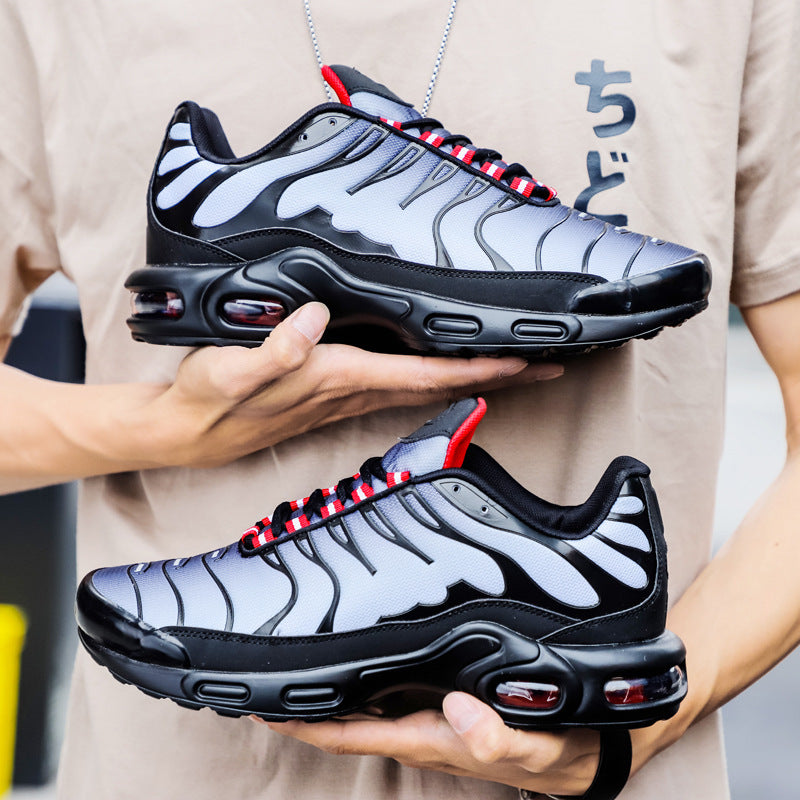 Woman wearing comfortable air cushion running shoes, showcasing active & stylish footwear.