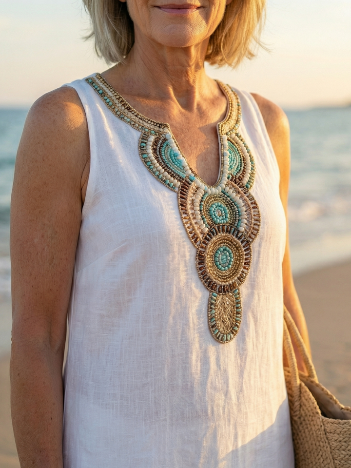 Flowy sky blue midi dress for women, sleeveless and relaxed, ideal for travel and summer comfort.