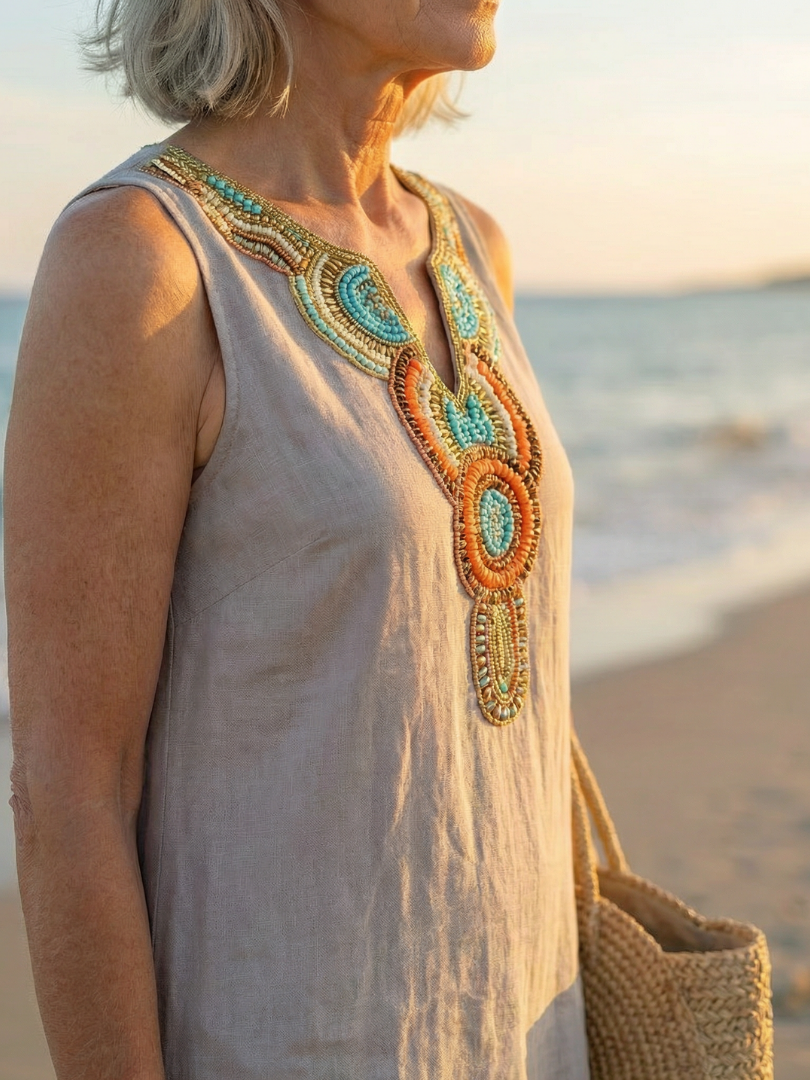 White women's flowy sleeveless midi dress, airy and relaxed fit, featuring a stylish embroidered neckline.