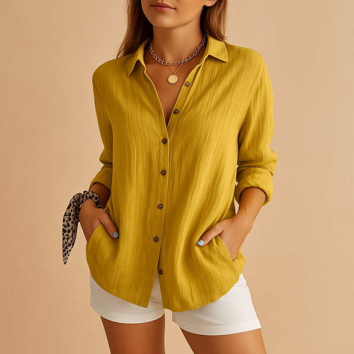 Lightweight button-up airy blouse for women, ideal for versatile summer fashion.
