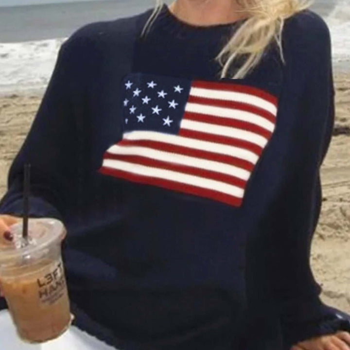 Women's American flag pattern sweater, soft knit, comfortable long sleeve. Ideal for casual wear.