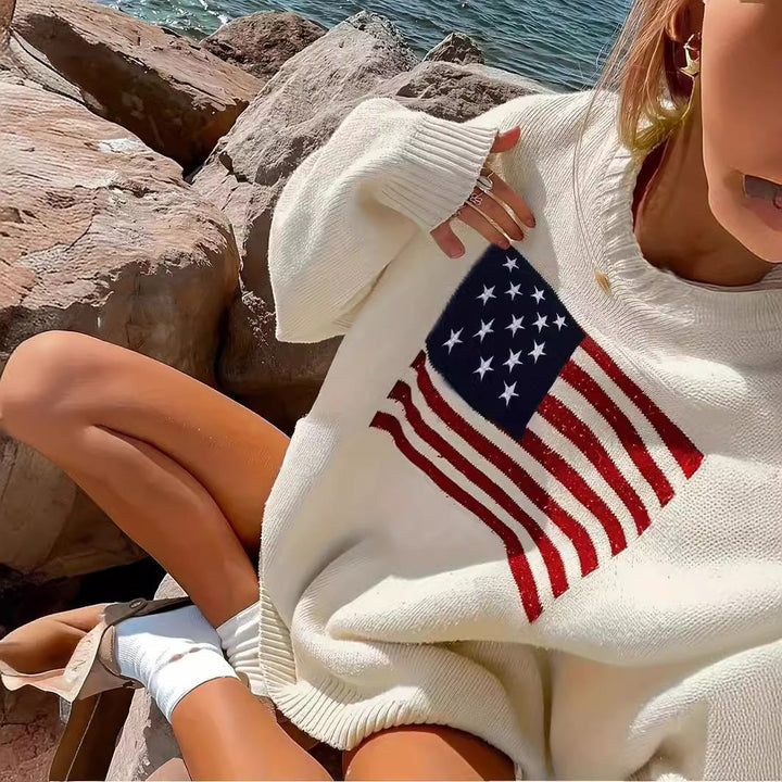 Stylish women's American flag sweater, slim fit. Perfect for autumn fashion & casual patriotic wear.